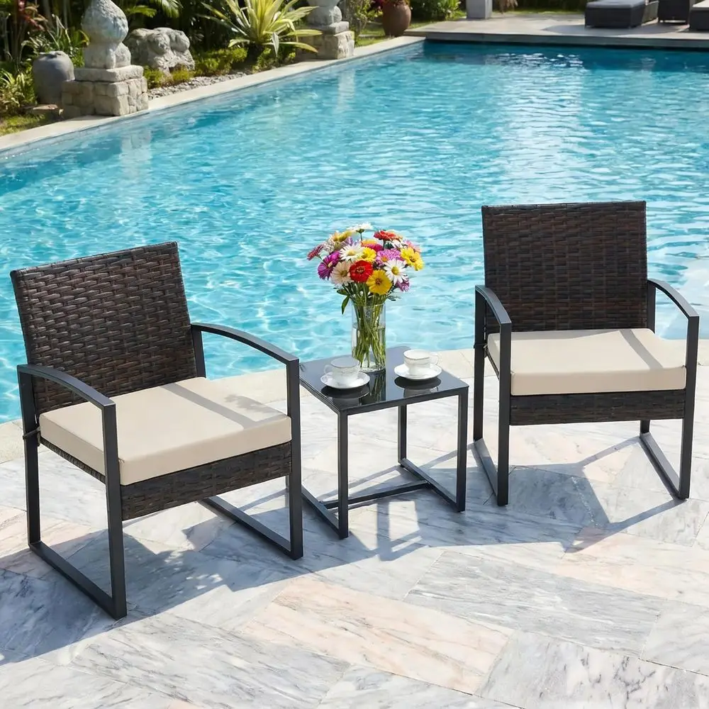 3-Piece Patio urniture Set, Wicker Bistro Set, Brown | 2 Straight Arm chairs with Glass Coee Table, Patio Contion Set or Backyar