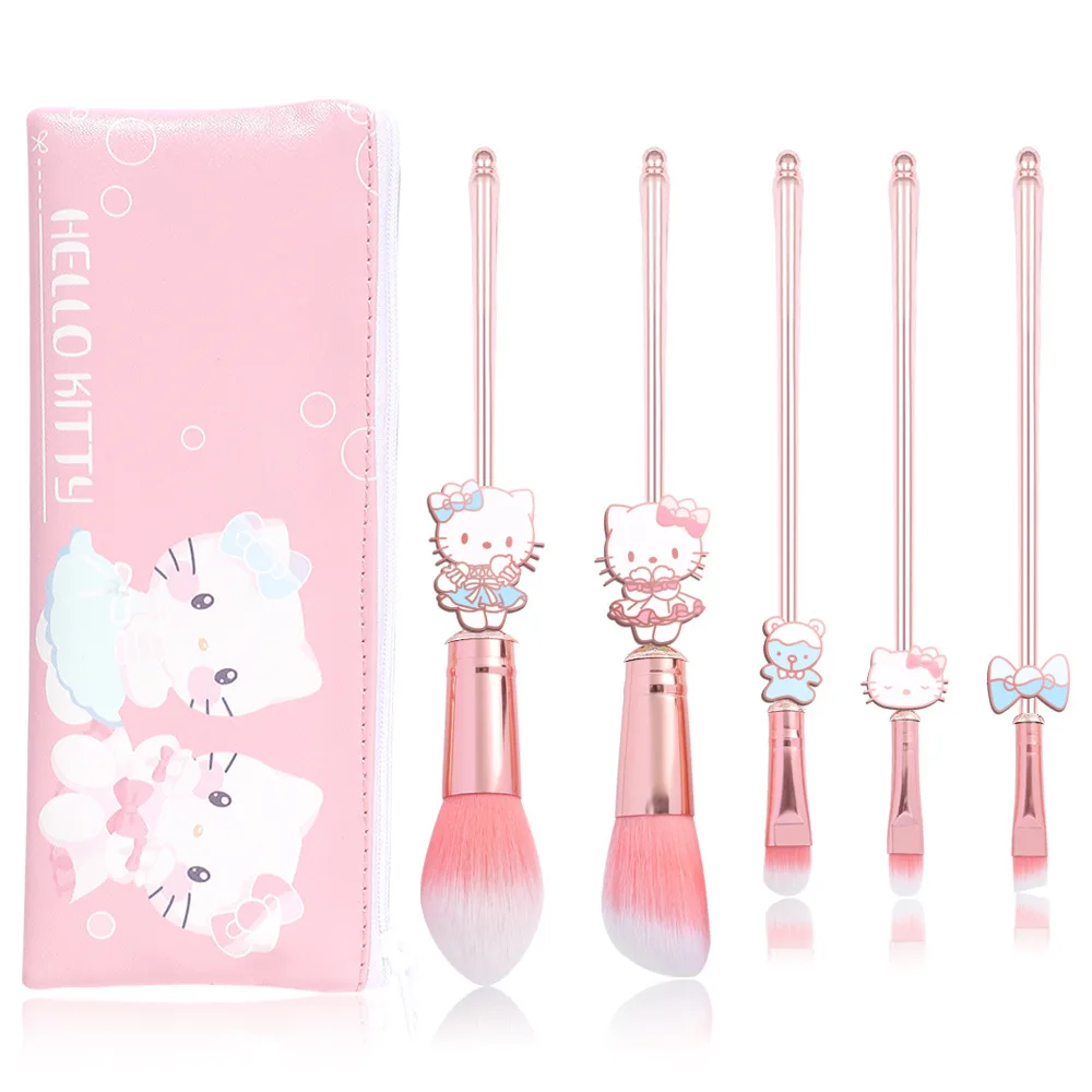 Sanrio Cute Kuromi Hello Kitty 5-Piece Makeup Brush Super Soft Cute Cartoon Design with Leather Case Girls Perfect Fashion Gifts