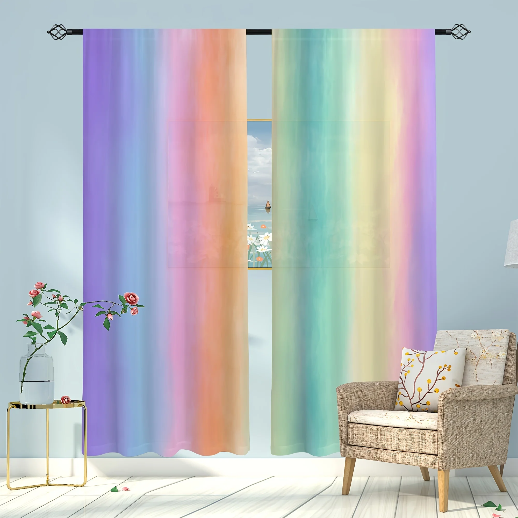 Colorful Gradient Rainbow Curtains Pastel Drapes for Window Shades Boho Chic Light Filtering Home Decor Panels Pair