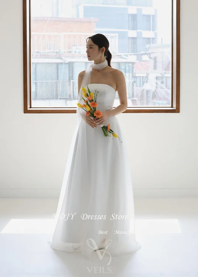 

Mojy Simple A-line Fairy Evening Dresses Strapless Photo Shoot Dresses Customized Korea Wedding Reception Dresses with Shawl