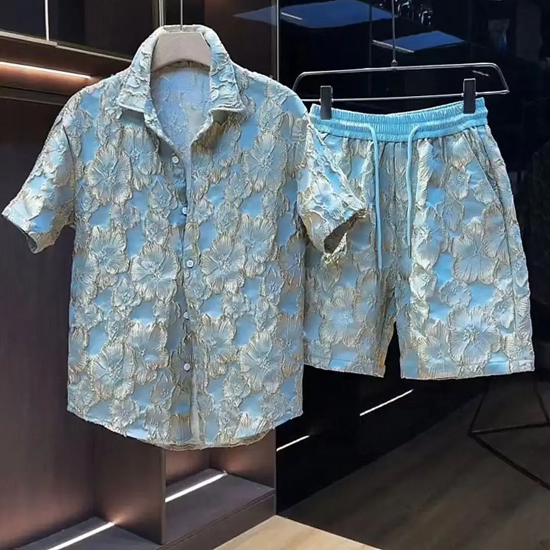 

Ethnic Style Scalding Gold Flower Shirts And Shorts Two Piece Set Mens Fashion Short Sleeved Suits Summer Casual Loose Outfits