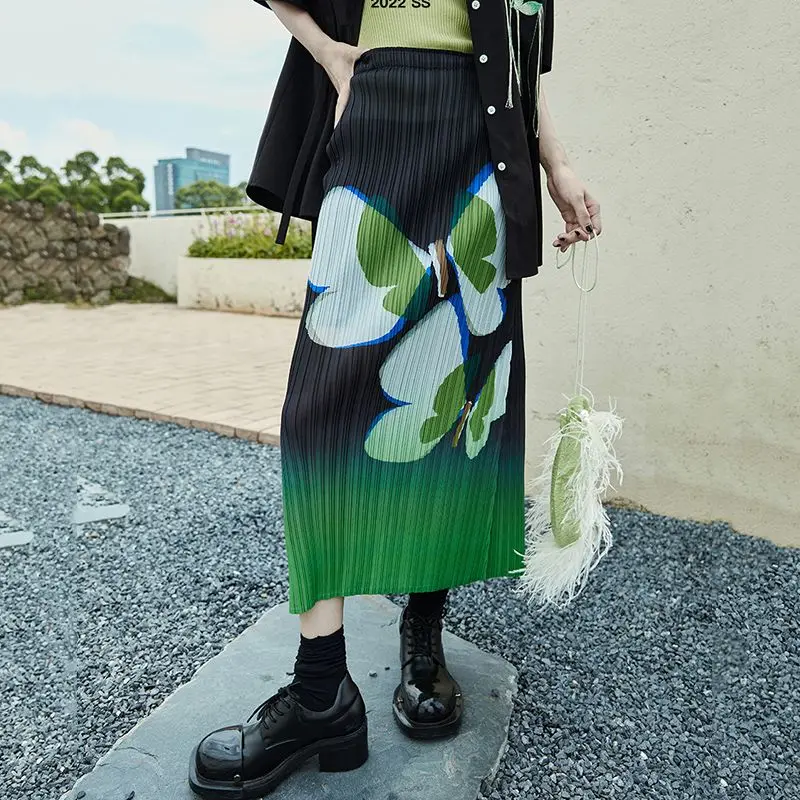 2023 Spring Autumn New Fashion Printing High Waist Pleated Skirt High Street Cute Lively Korean Style All-match Female Clothing