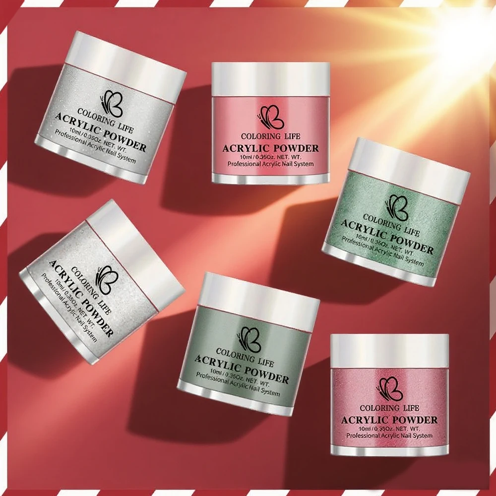 Conjunto de pó acrílico para unhas, 60ml, vermelho e verde, glitter, 6 cores, polímero profissional para extensão de unhas francesas, faça você mesmo, salão de beleza