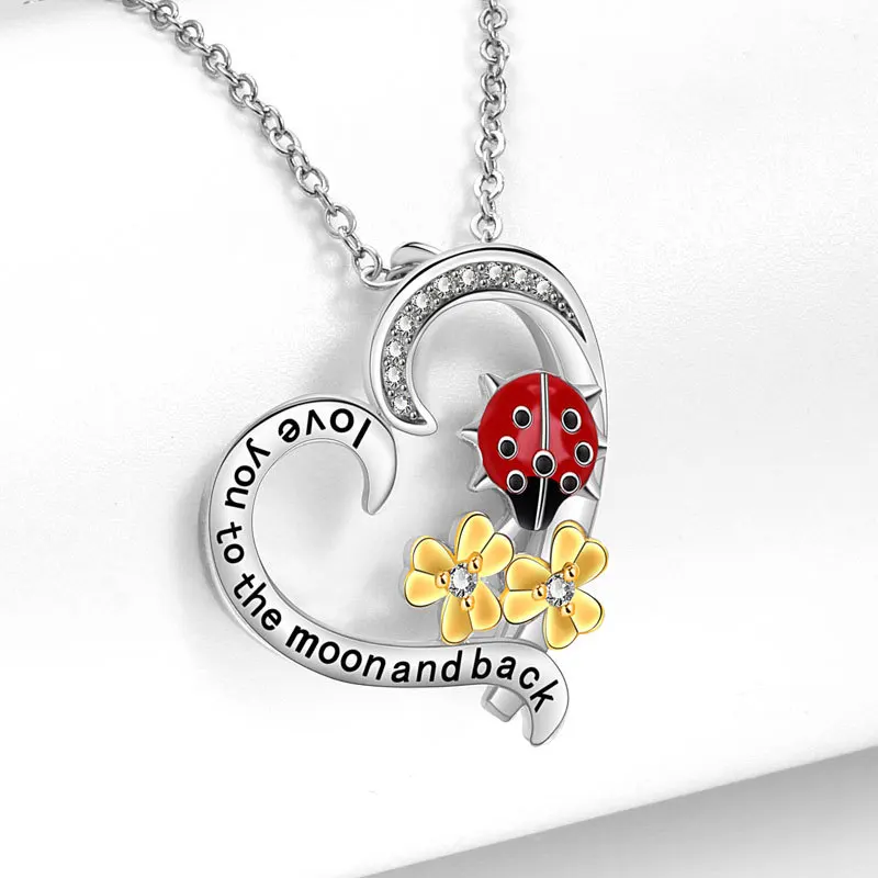 KOFSAC Pastoral Style Zircon Heart Shaped Seven Star Ladybug Flower Necklace Simple Lettering Necklaces 925 Silver Jewelry Gift