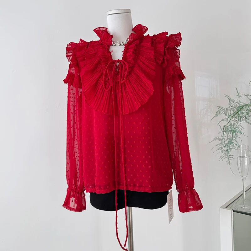 

Red Autumn Winter Shirts Women Long Sleeve Ruffles V Neck Bandage Chic Blouse Sweet Kawaii Loose Casual Preppy Elegant New Tops
