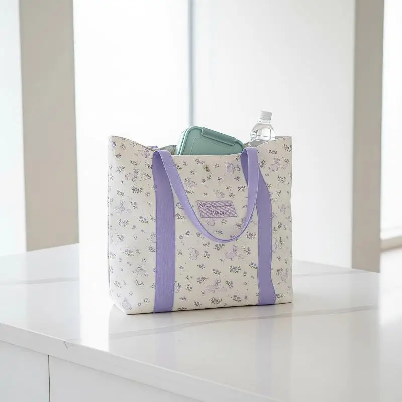 Rabbit Cartoon Floral Print Canvas Tote Bag Large Capacity Reusable Lightweight Shoulder Tote for Office Lunch Weekend Trip