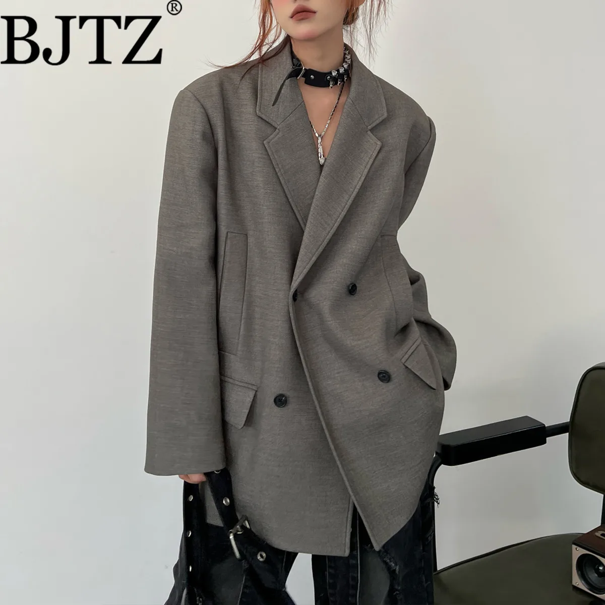 

BJTZ 2025 весна и осень новый двубортный элегантный серый костюм пальто свободный силуэт британский костюм топ для женщин