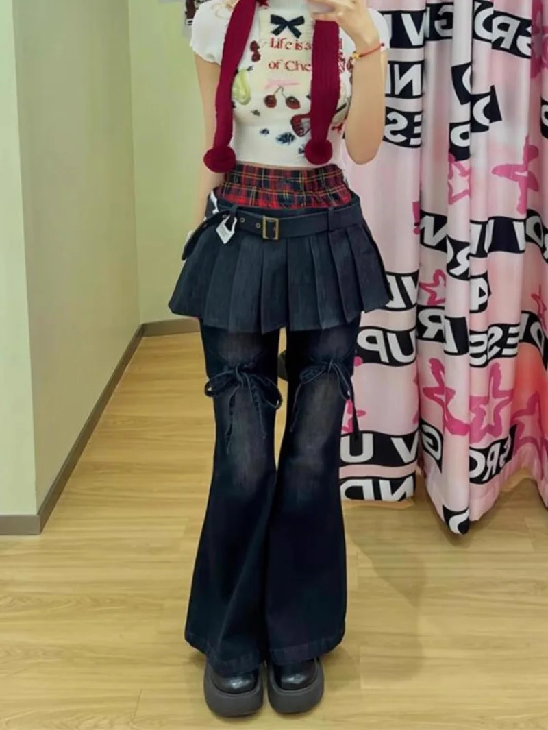 Y2k Slim Flared Pleated Skirt Jeans Women's Fake Two Pieces Autumn Winter Vintage Denim Pants Dark Academia Skinny Cyber Punk