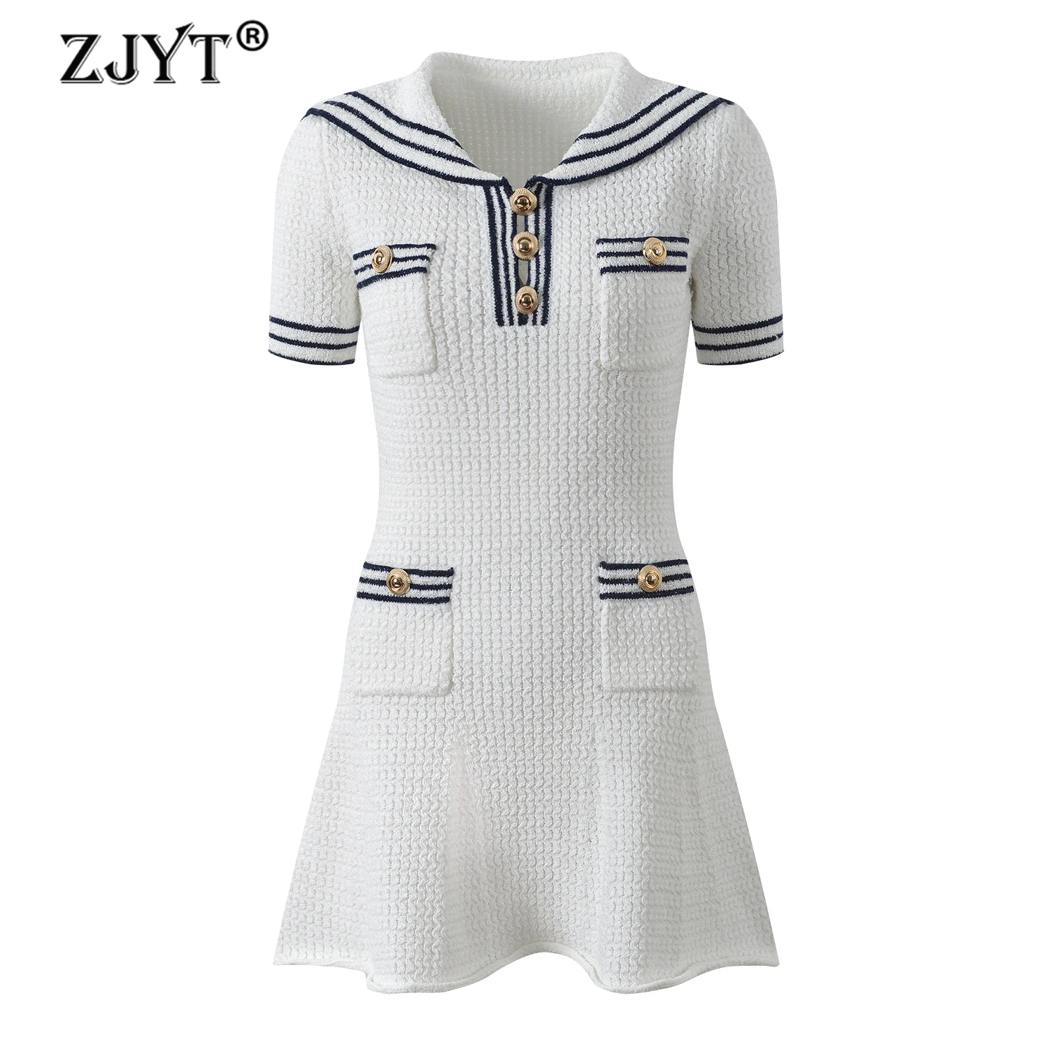 

ZJYT Women's Short Sleeve Mini Sweater Dress Striped Turn down Collar White Summer Fashion Casual Knitted Female Vestidos 2025