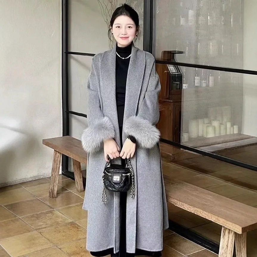 معطف نسائي من الصوف الخالص عالي الجودة على الوجهين مع فرو حقيقي، حزام، أصفاد قابلة للفصل، فرو الثعلب، سترة كشمير أنيقة