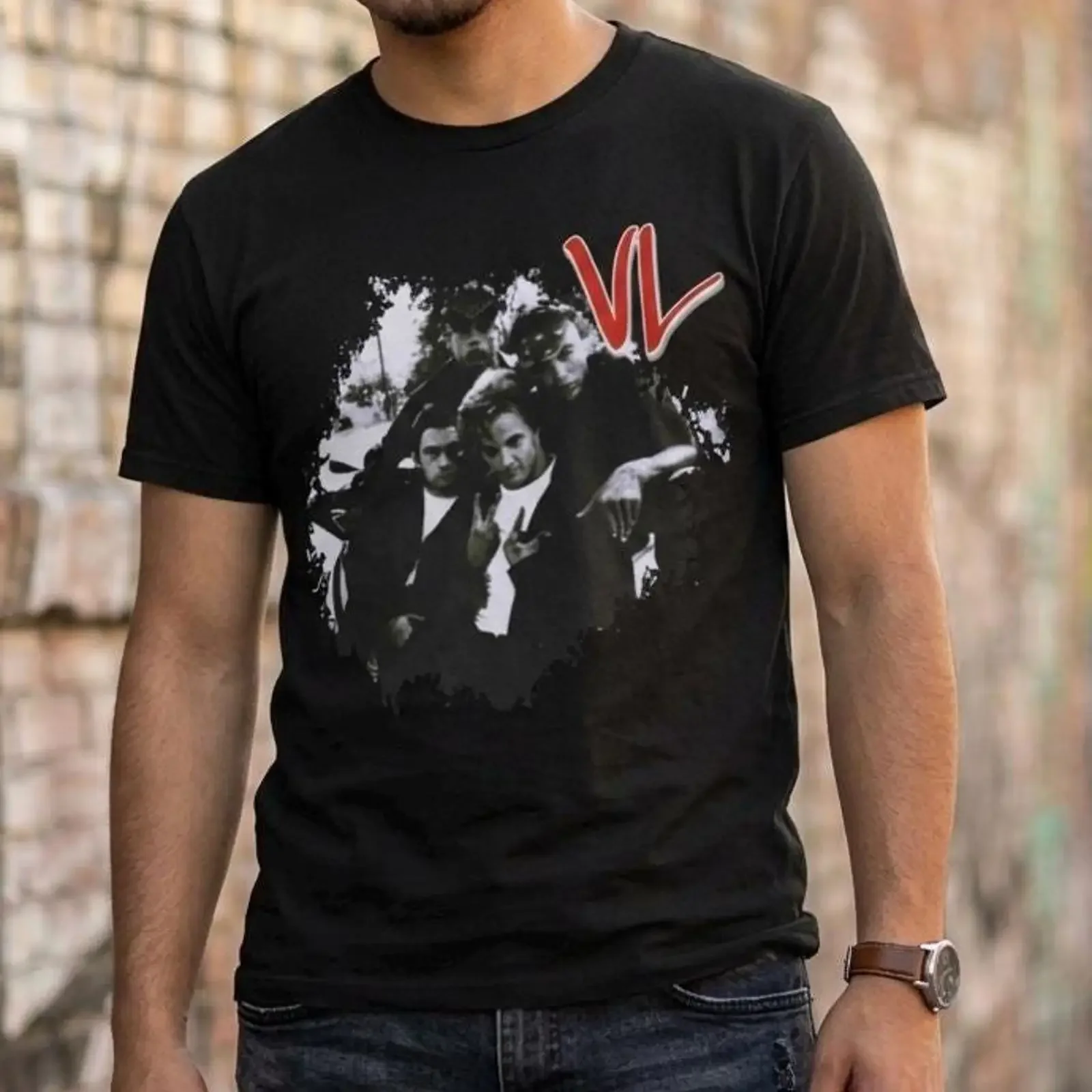 Men's Black Crew Neck T Shirt Grayscale Band Print Red VL Logo Soft Casual   vintage Washed streetwear Comfortable Unisex