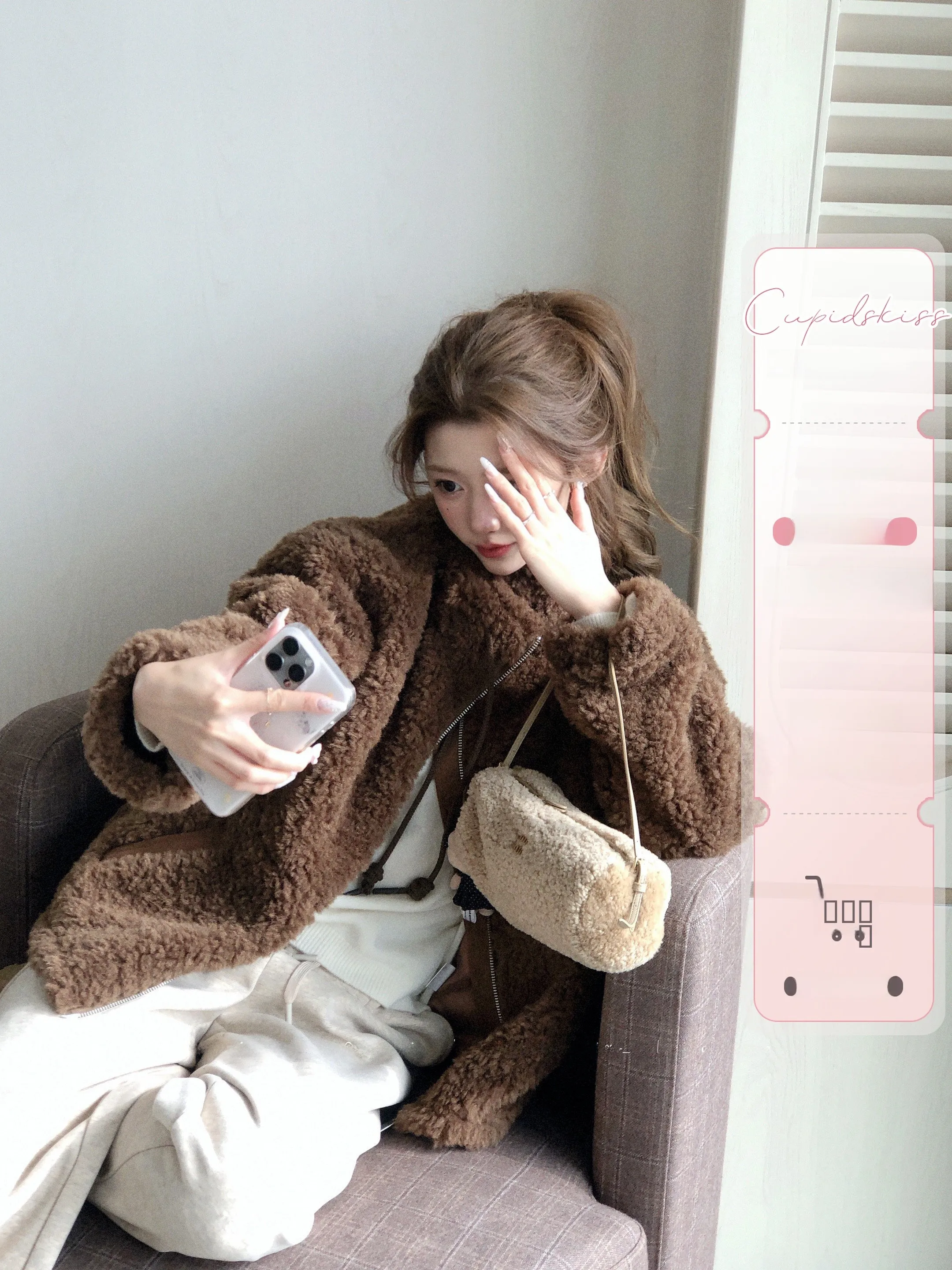 

Soft Plu Lamb Fur ort Coat Collar up Warmth Ladies Faion Csk Cupid Eco-friendly Polyester Long Sve Zipper Closure Pu...