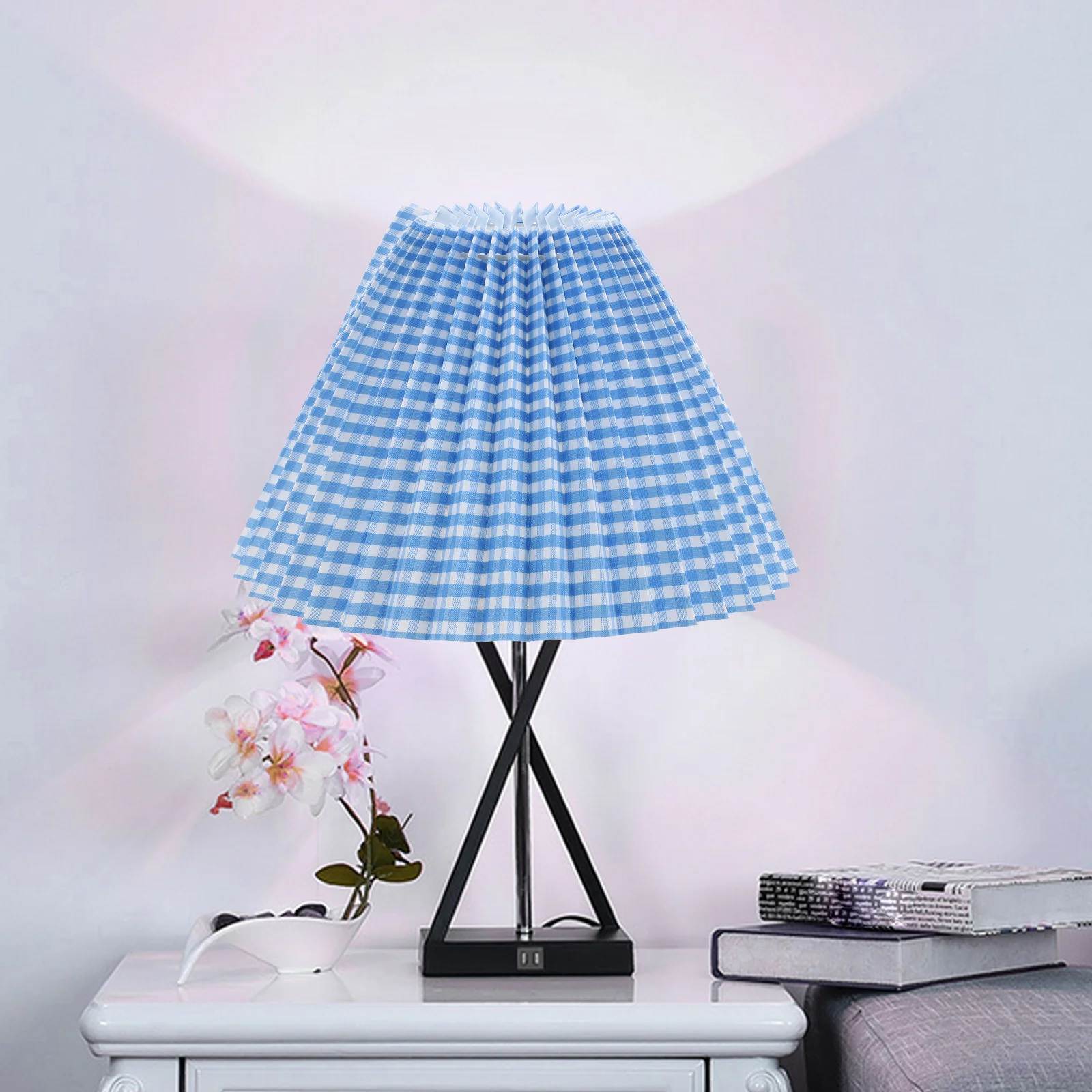 

1pc Blue Grid Cloth Pleated Lampshade For Desk Table Wall Ceiling Modern Light Cover Decorative Home Lamp Shade Accessory