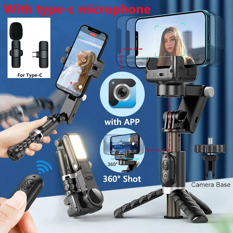 

2025 with type-C microphone Wireless Bluetooth remote control selfie stick tripod phone holder WITH LIGHT stand Balance Steady