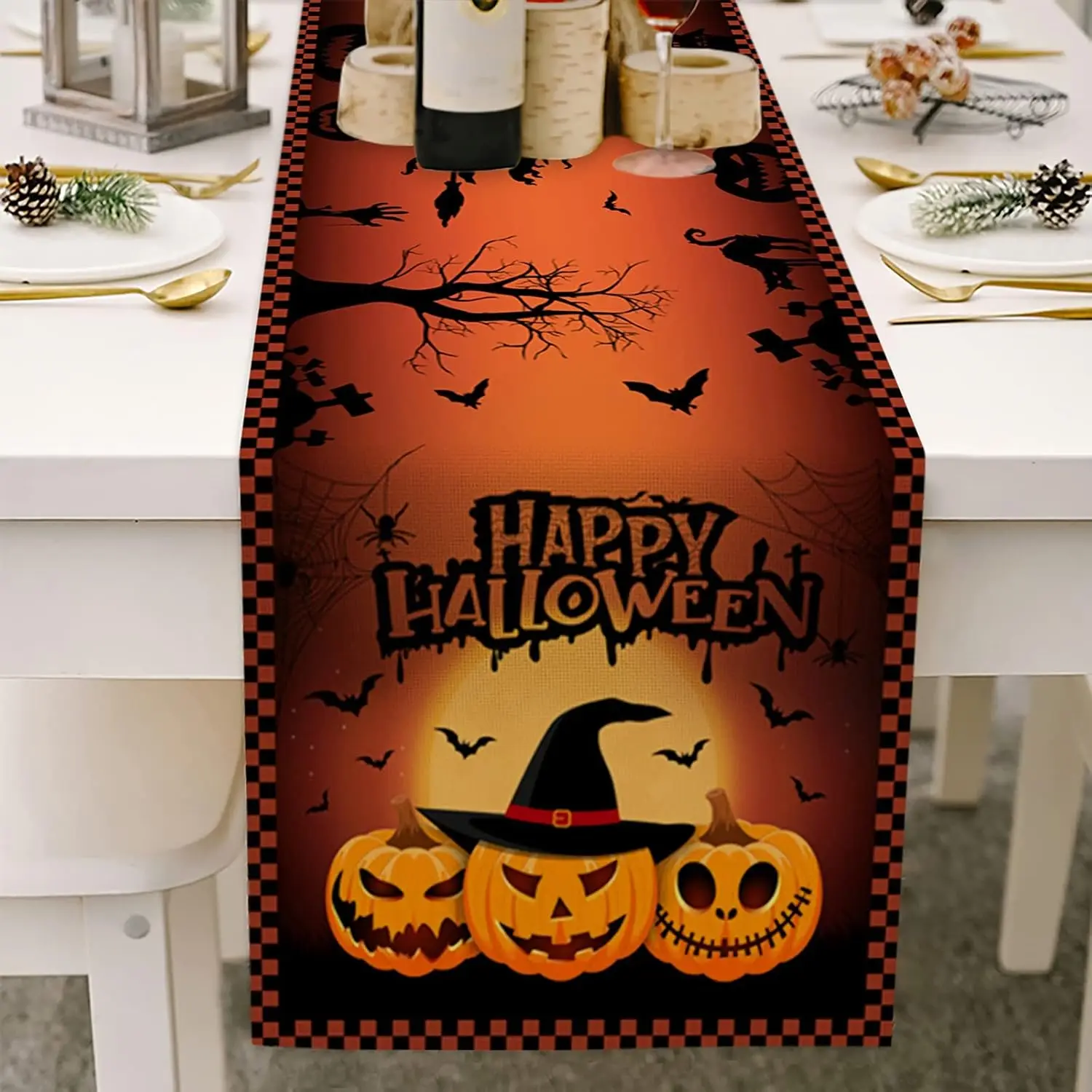 Halloween Pumpkin Bat Witch Spider Web Ghost Linen Table Runners Fall Kitchen Halloween Party Dining Table Decor Home Decoration