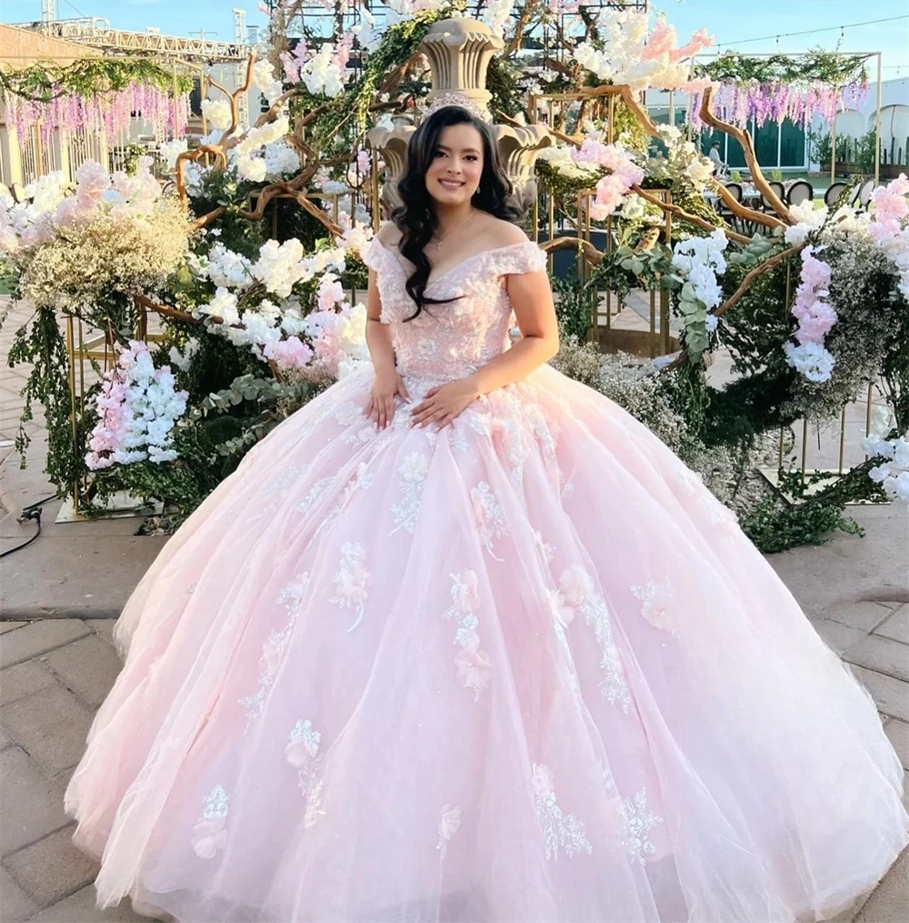 

Pink Puffy Charro Quinceanera Dresses Ball Gown Off The Shoulder Tulle Appliques Mexican Sweet 16 Dresses 15 Anos