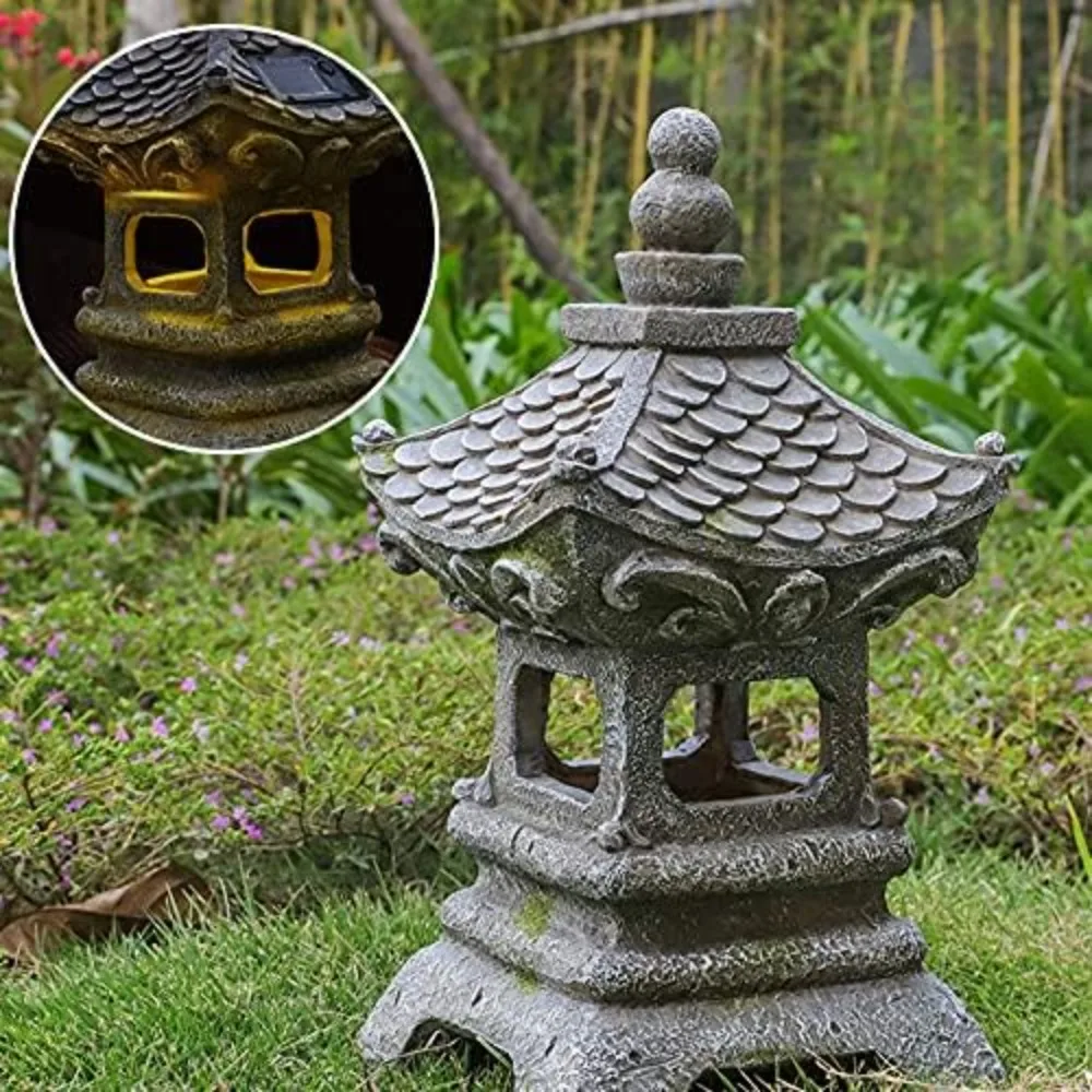 Asian Solar Zen Pagoda Garden Statue 14 Inch, Outdoor Japanese Lamp Lantern for Home Garden Landscape Décor (14 inch Pagoda)