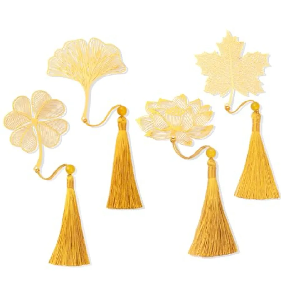

4 Pack Metal Bookmarks with Tassel for Women Aesthetic, Pretty and Unique Bookmark Set, Gold and Brass Designs for Reading Esse