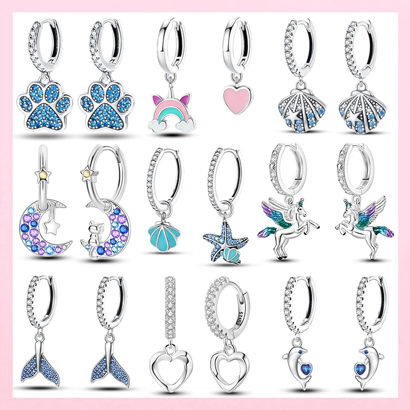 Luminous SHELL ต่างหูผู้หญิง Original 925 เงินสเตอร์ลิง Pave CZ Star Moon Hoop ต่างหูเครื่องประดับงานแต่งงาน