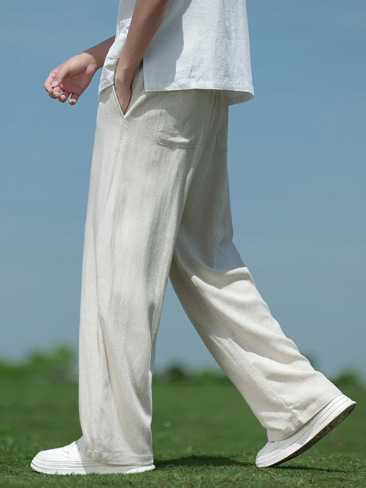 

Новые мужские летние тонкие широкие брюки из льна и хлопка в китайском стиле Тан, свободные прямые повседневные длинные брюки, модные мужские брюки