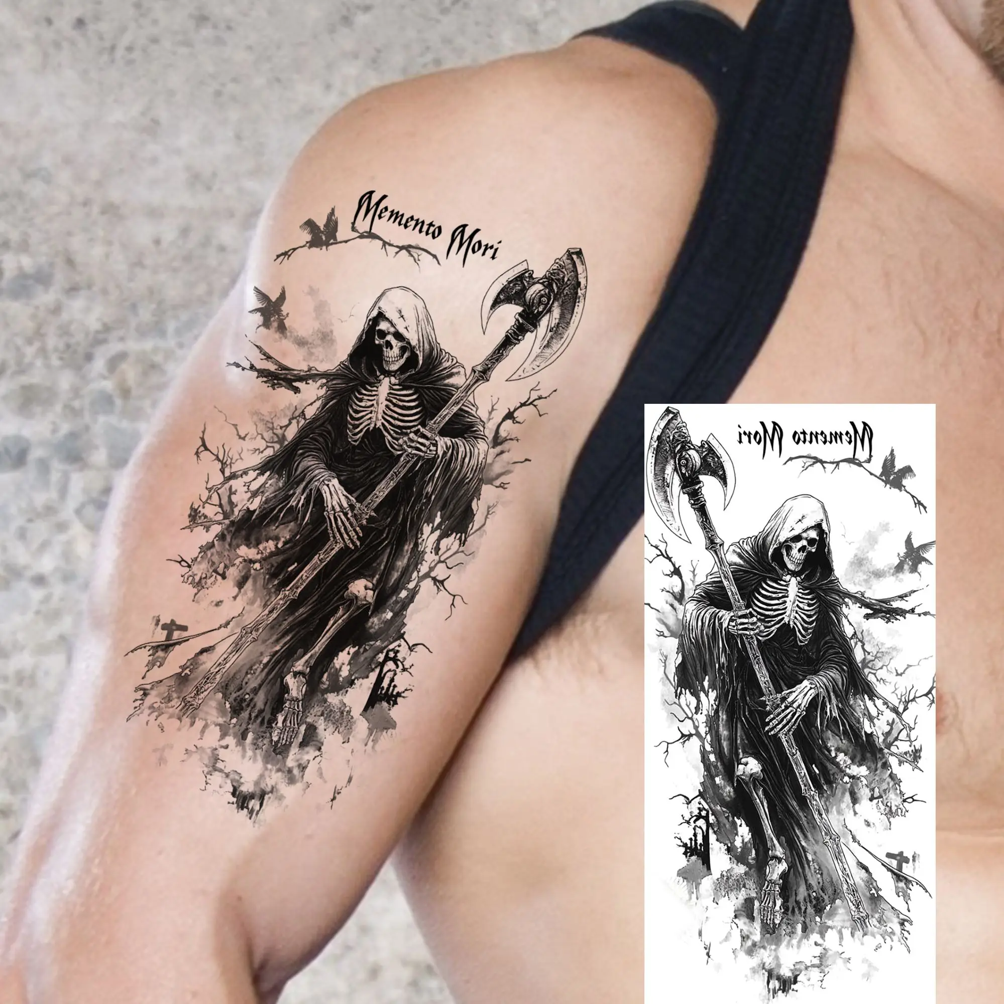 1 Sheet Scary Grim Reaper Skull Skeleton Temporary Tattoos For Men Women Halloween Long Lasting Waterproof Fake Tattoo Sticker