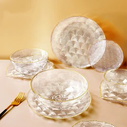 Bowl Plate Set Chinese Tableware Glass Cloud Patterm Dinner Tool Square Salad Dessert Fruit Food Container Hotel Restaurant