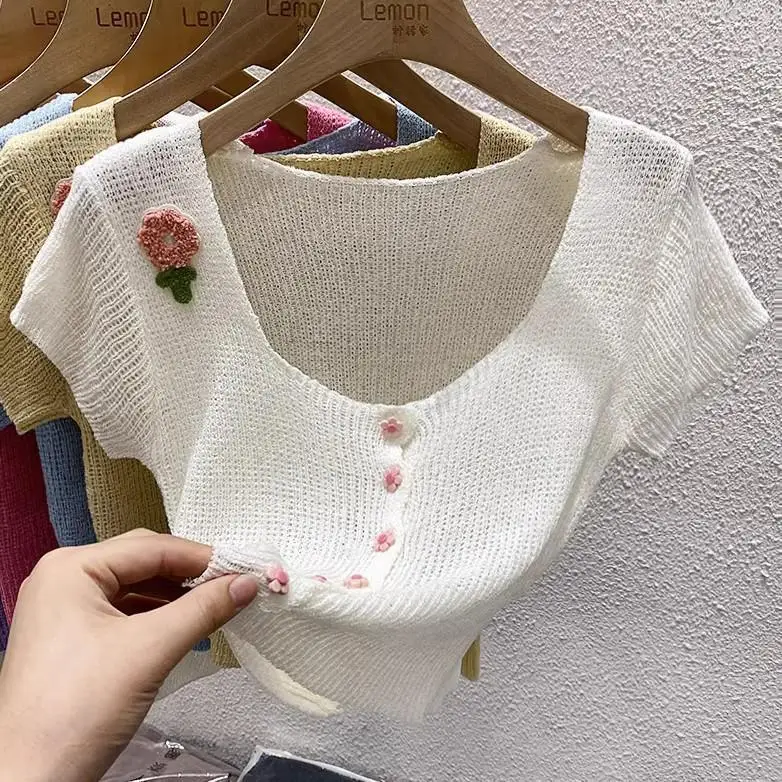 2024 Little Fragrance Cardigan Short Sleeve Women's Summer Knitwear T-Shirt Design Sense Niche Hottie Square Neck Cropped Top