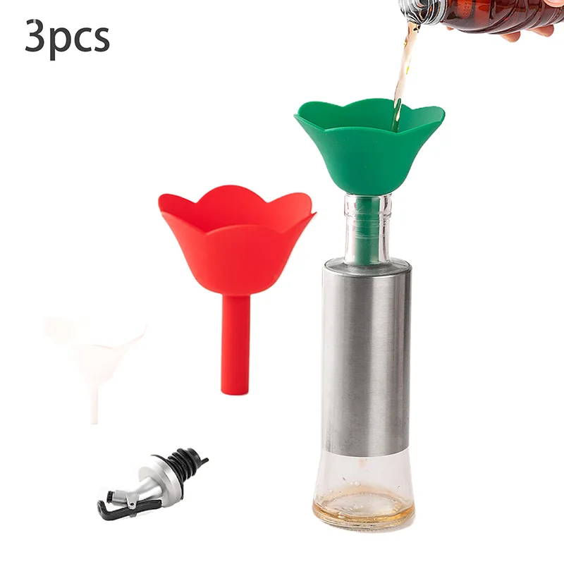 3Pcs Creative Flower Shape Silicone Kitchen Funnel 3pcs Set Oil Liquid Pouring Dispenser Portable Cooking Baking Tools Non Drip