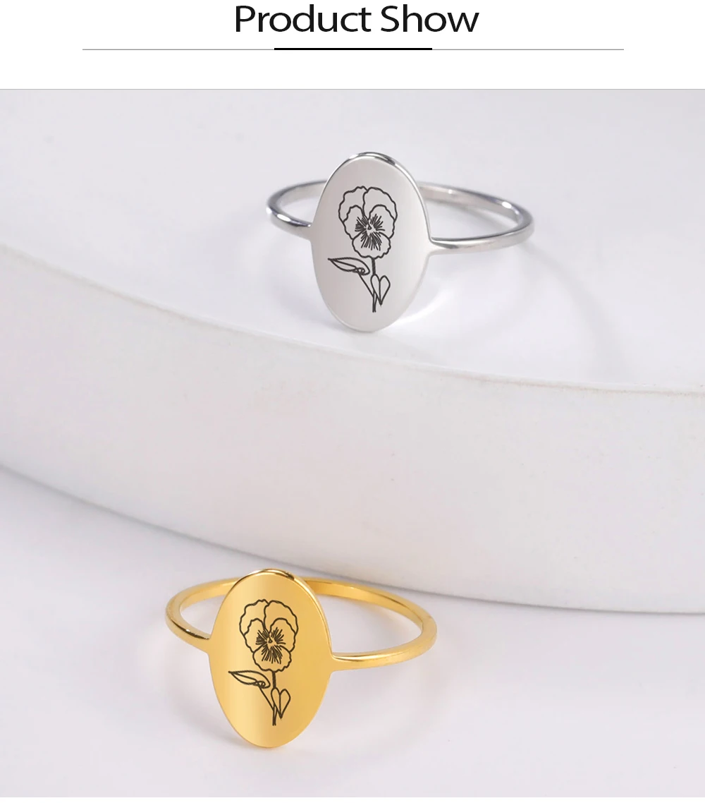 COOLTIME Blumenringe zum 12. Geburtsmonat für Frauen, Edelstahl, oval, Siegel, ästhetische Ringe, Schmuck, Freund, Liebhaber, Geburtstagsgeschenk – Detail 7
