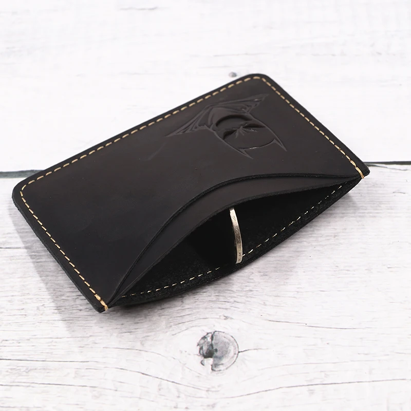 جلد طبيعي الخفافيش معرف المحفظة للرجال جلد البقر سليم الحد الأدنى محفظة جيب أمامية حامل بطاقة مع انقطاع خارقة عيون الوجه #4