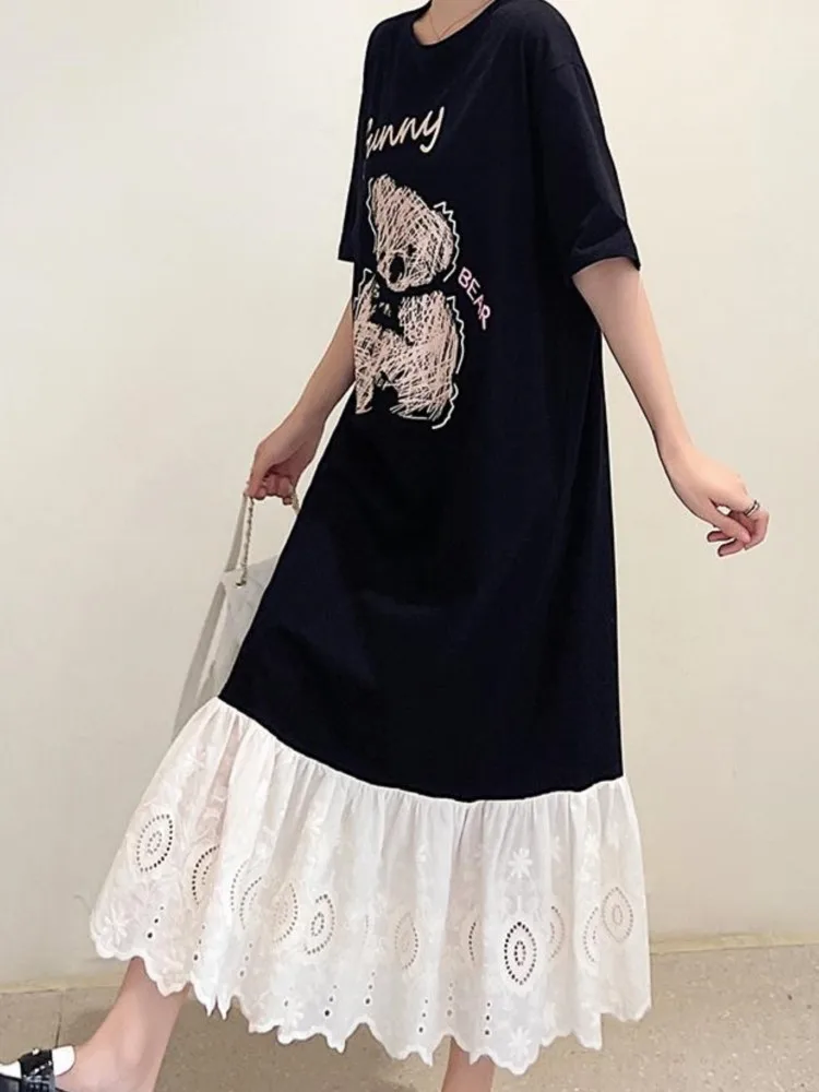 Primavera Verano mujer suelta talla grande camiseta vestido Casual Jacquard Patchwork señoras Vestidos