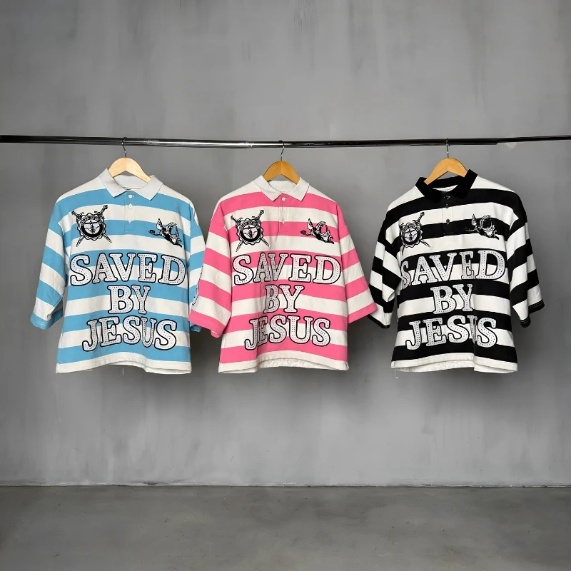 

Y2K Retro Classic Short Sleeves Diamond Embroidery Stripe Polo Shirt Gothic Hip Hop Lapel Neck Shirt Men Women Oversized Clothes