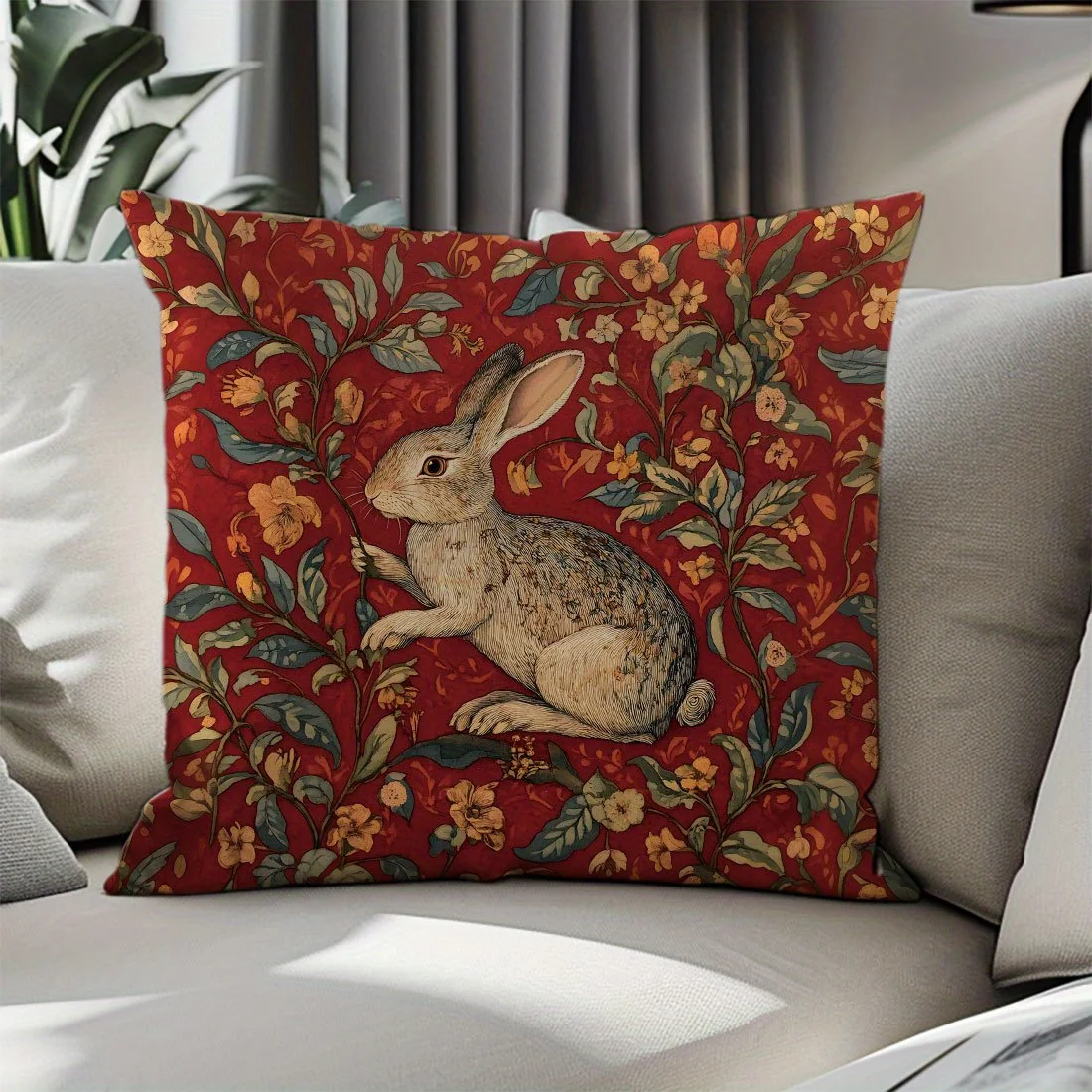 1pc William Morris Style Vintage Rabbit Throw Pillow Cover,Suitable for Sofa,Bedroom,Living Room,a Retro Gift for Animal Lovers.