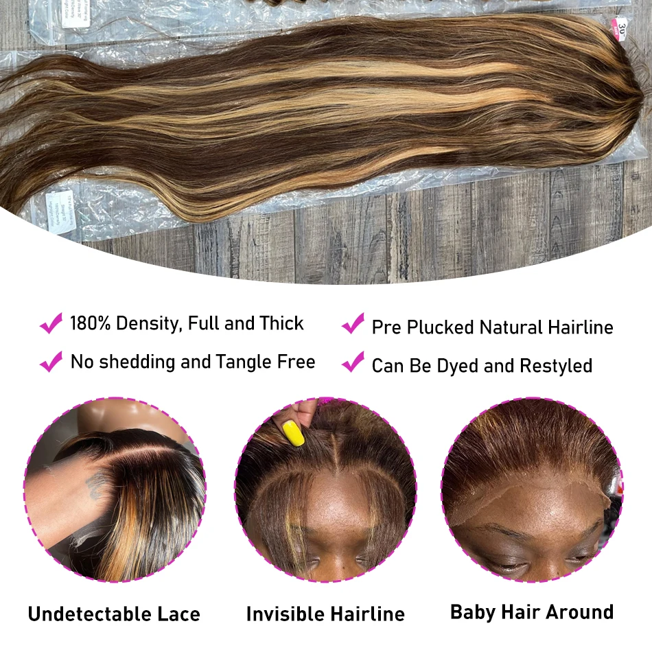 Hairinside-perucas de cabelo humano para mulheres, peruca frontal de renda transparente, ombre colorido, perucas de destaque reto, 250%, 13x6