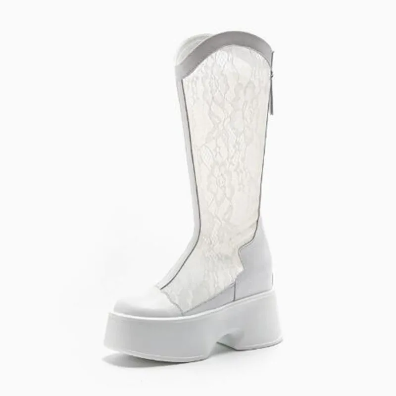 11cm New Air Mesh Sandals Women Knee High Boots Lace Thick Heels ZIP 2026 Summer Hollow Platform Wedge Fashion Breathable Shoes