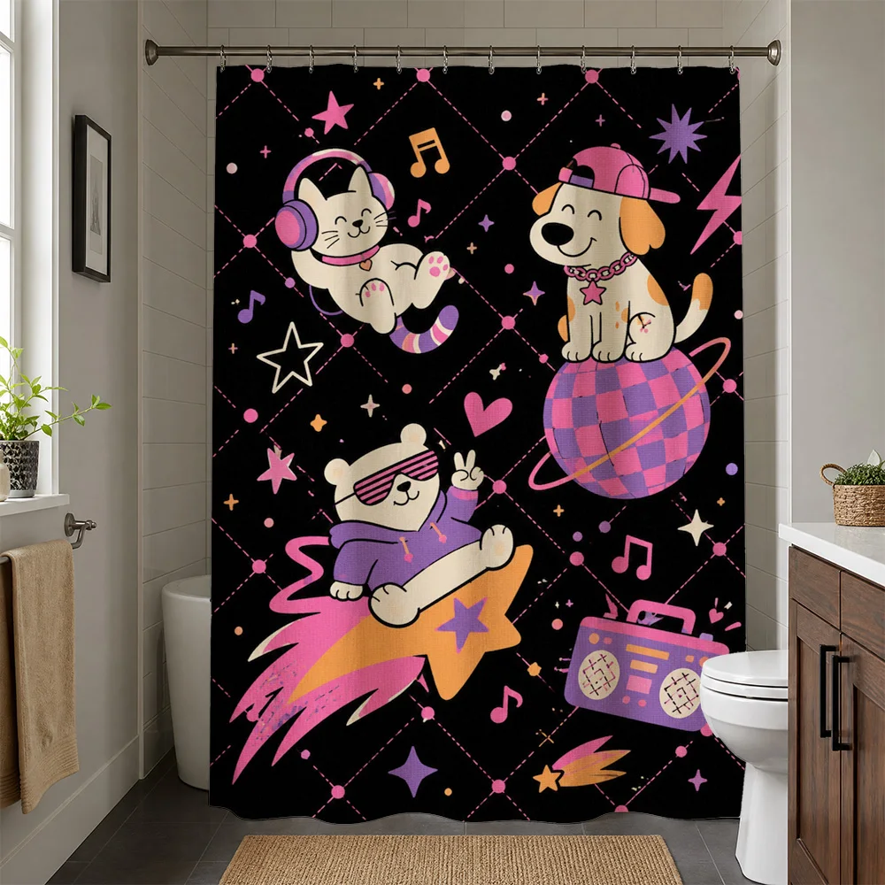 Cute Cartoon Animals Shower Curtain Fun Pop Art Music Theme Bathroom Decor for Kids and Teens