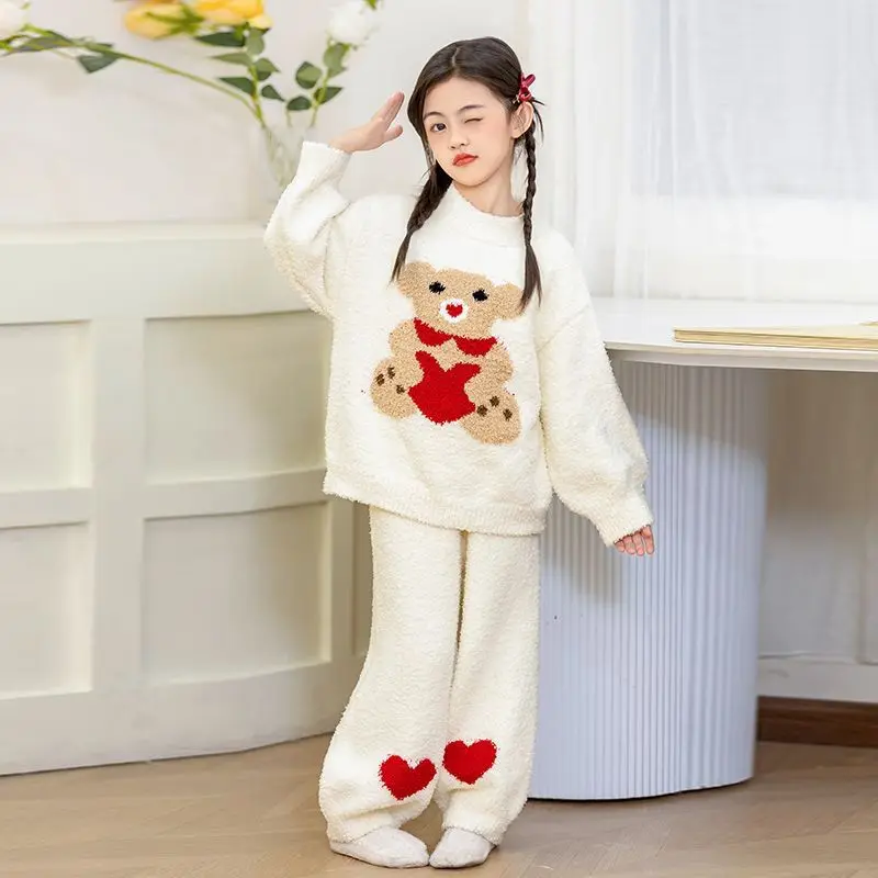 

Kids' Flannel Pajamas Winter Thickened Plus Size Warm Cartoon Print Sleepwear Set New Design Thermal Cotton Blend Homewear