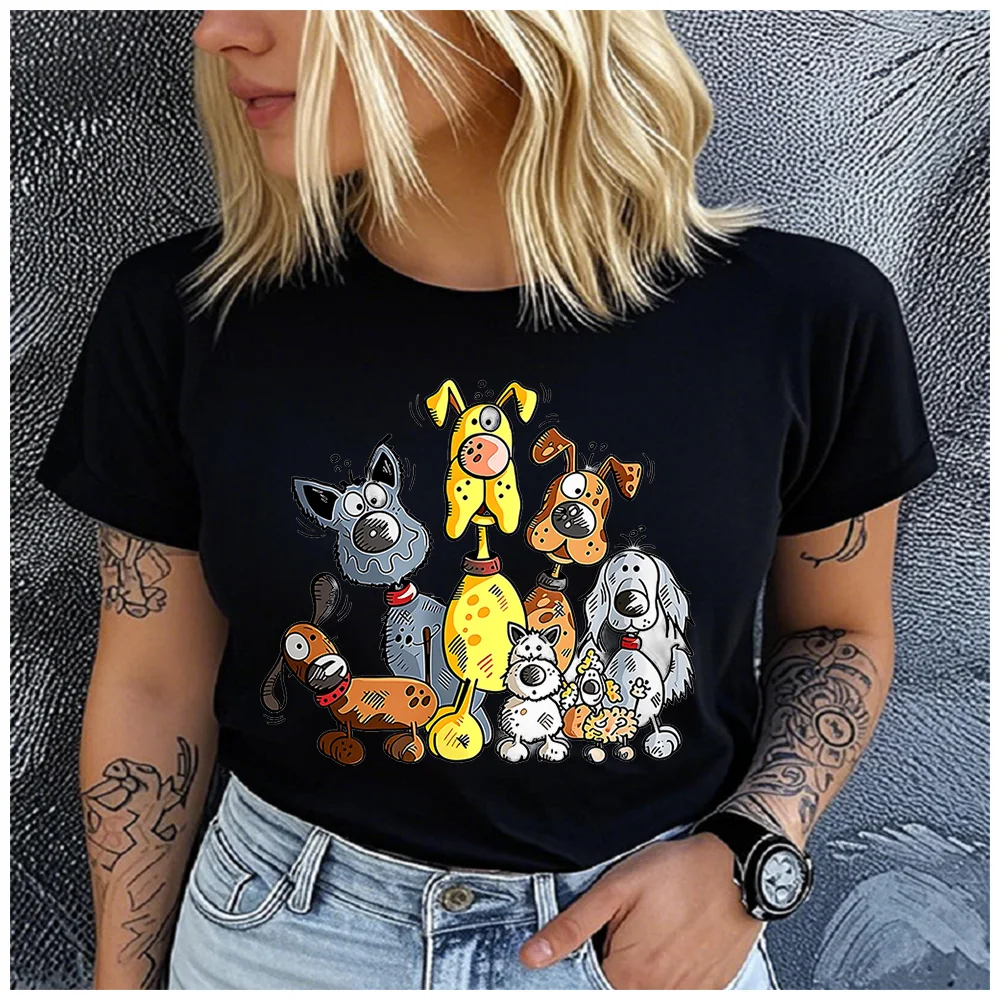 Cotton 100% Funny Hand Drawn Mixed Puppies Print T Shirt Women Cartoon Dog Family Casual Daily Basic Short Sleeve Top