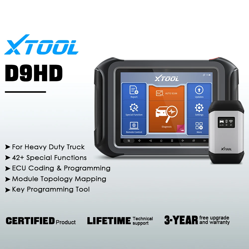 

XTOOL D9HD Инструмент диагностики тяжелых грузовиков Диагностика всех систем 12 В 24 В Сканер грузовиков ECU Кодирование ключей Программирование DPF Сброс