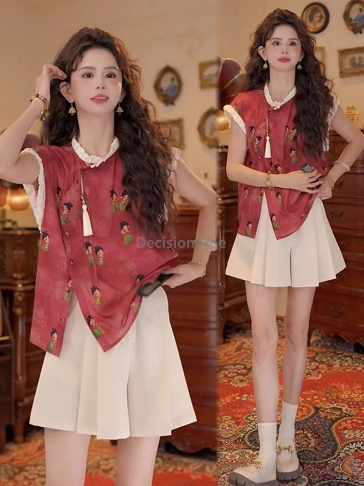 

2025 tang dynasty ladies' portrait printed top retro trendy chinese style tang suit top sweet lace patchwork temperament blouse