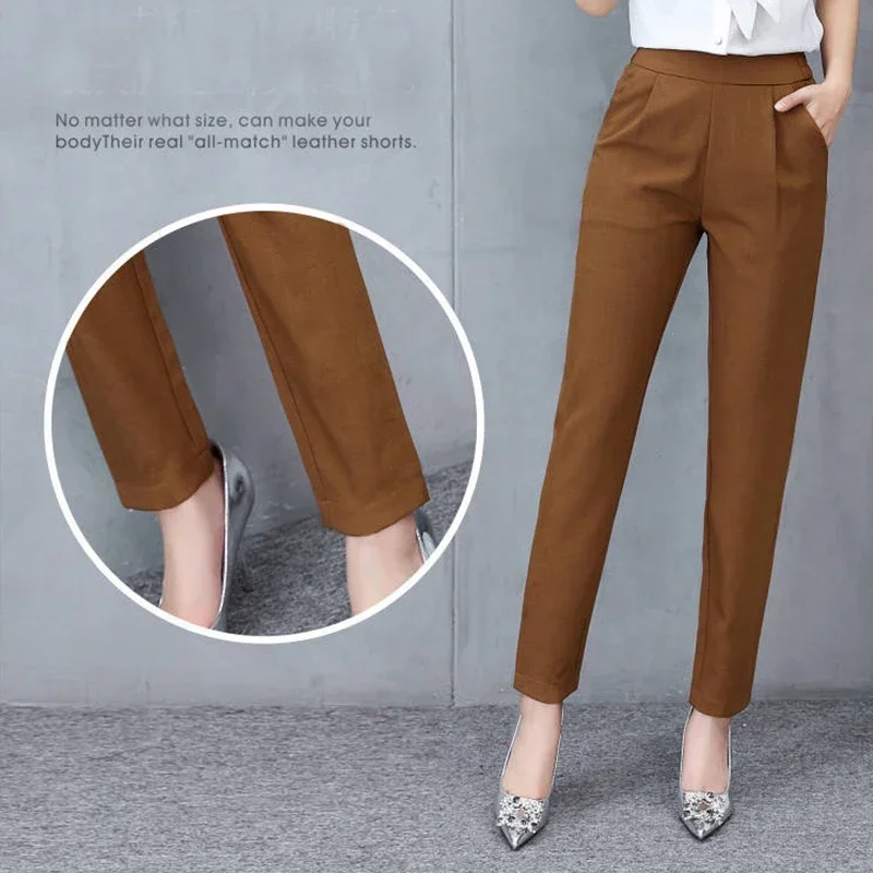 Pantalones de cintura alta para mujer, pantalones sueltos elásticos finos, traje informal, Pantalones rectos, ropa de oficina para mujer, primavera y verano