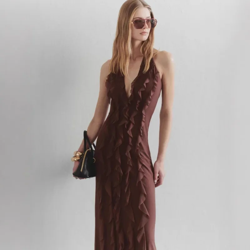 セクシーな V ネック背中の開いたボディコン A ラインドレス無地タイウエストフリルストラップレスドレス夏のファッション女性の休暇ドレス