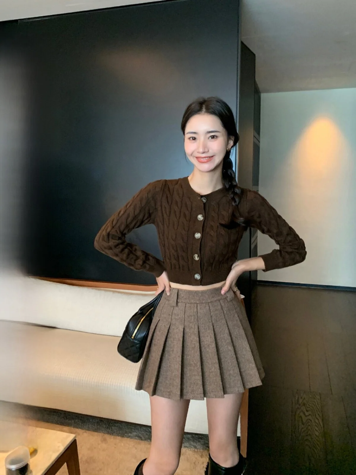Pusumede Brown Wool Pleated Skirt Women's Autumn Winter Versatile  A-Line Skirt Slimming Midi Skirt Fashionable College S...