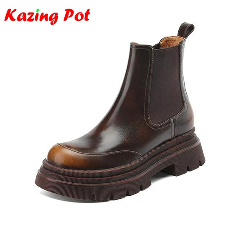 

Krazing Pot Cow Leather Chunky Heels Modern Thick Bottom Motorcycle Boots Flat Platform Winter Autumn Vintage Women Ankle Boots