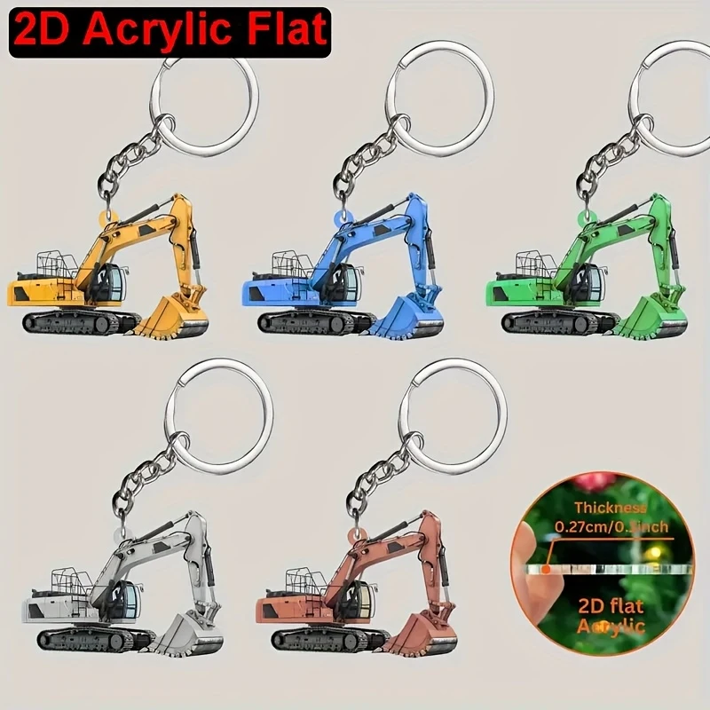 2D Flacher Bunter Bagger Acryl-Schlüsselanhänger, Niedliches Baufahrzeug-Design für Taschen- und Autoschlüssel-Dekoration, Keine Stromversorgung Erforderlich