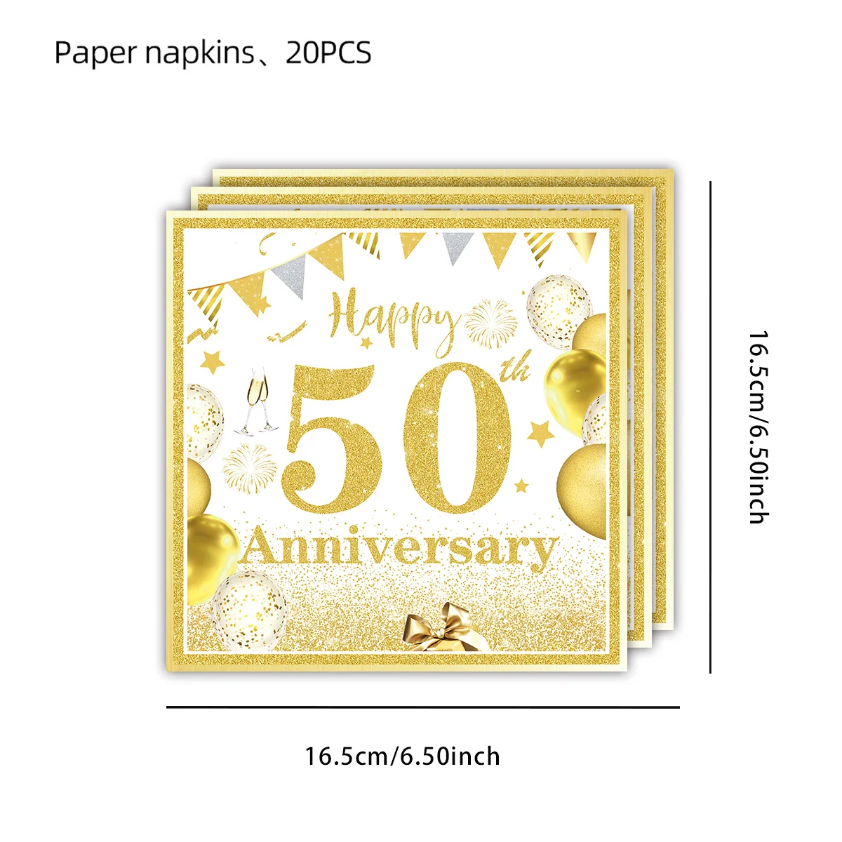 Happy 50th birthday party table supplies, white and gold theme, napkins, 7inch paper cups, tablecloth, plates,  party decoration