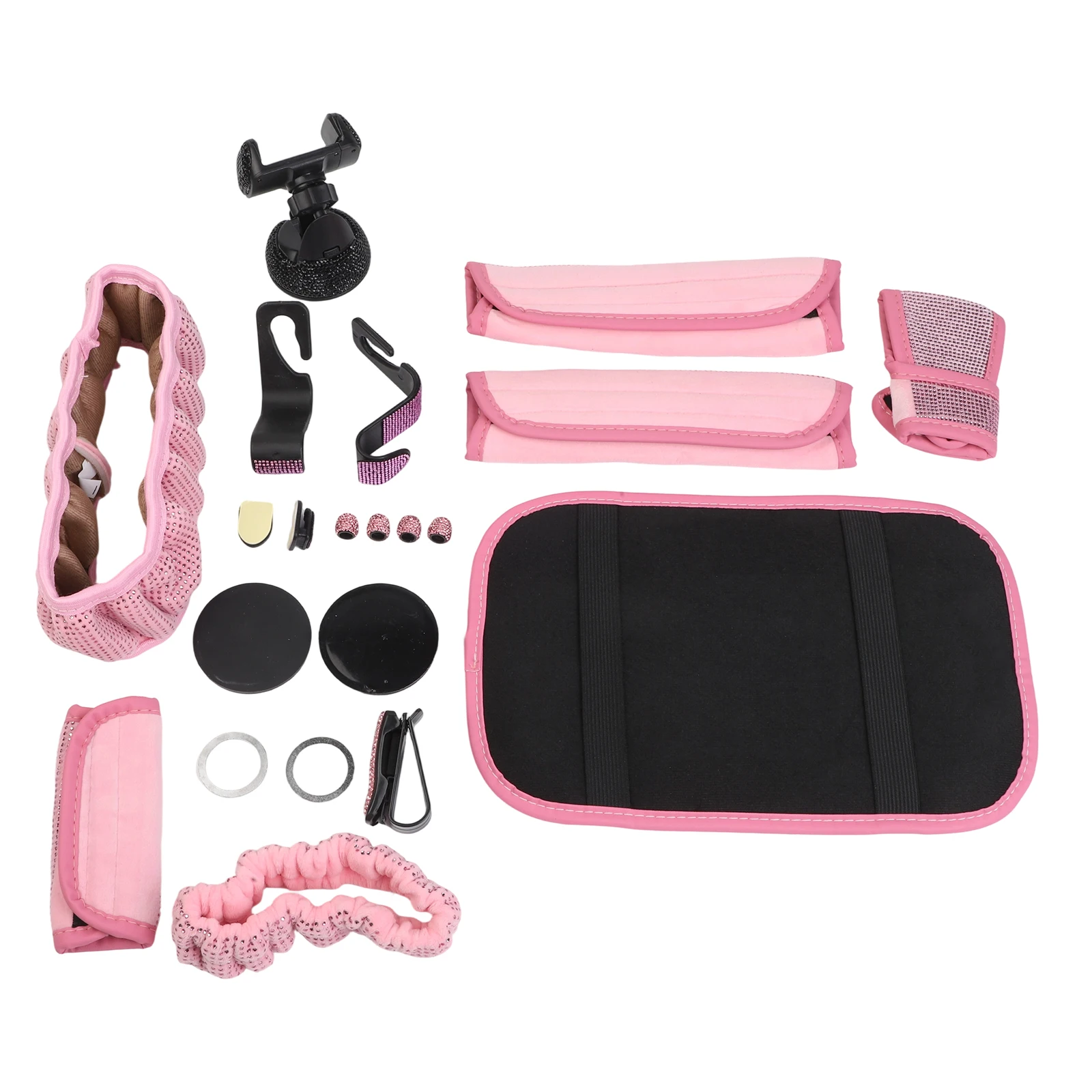 

21PCS Car Interior Kit with Steering Wheel Cover Phone Holder Coaster Stylish Rhinestone Design for Vehicle Enhancement