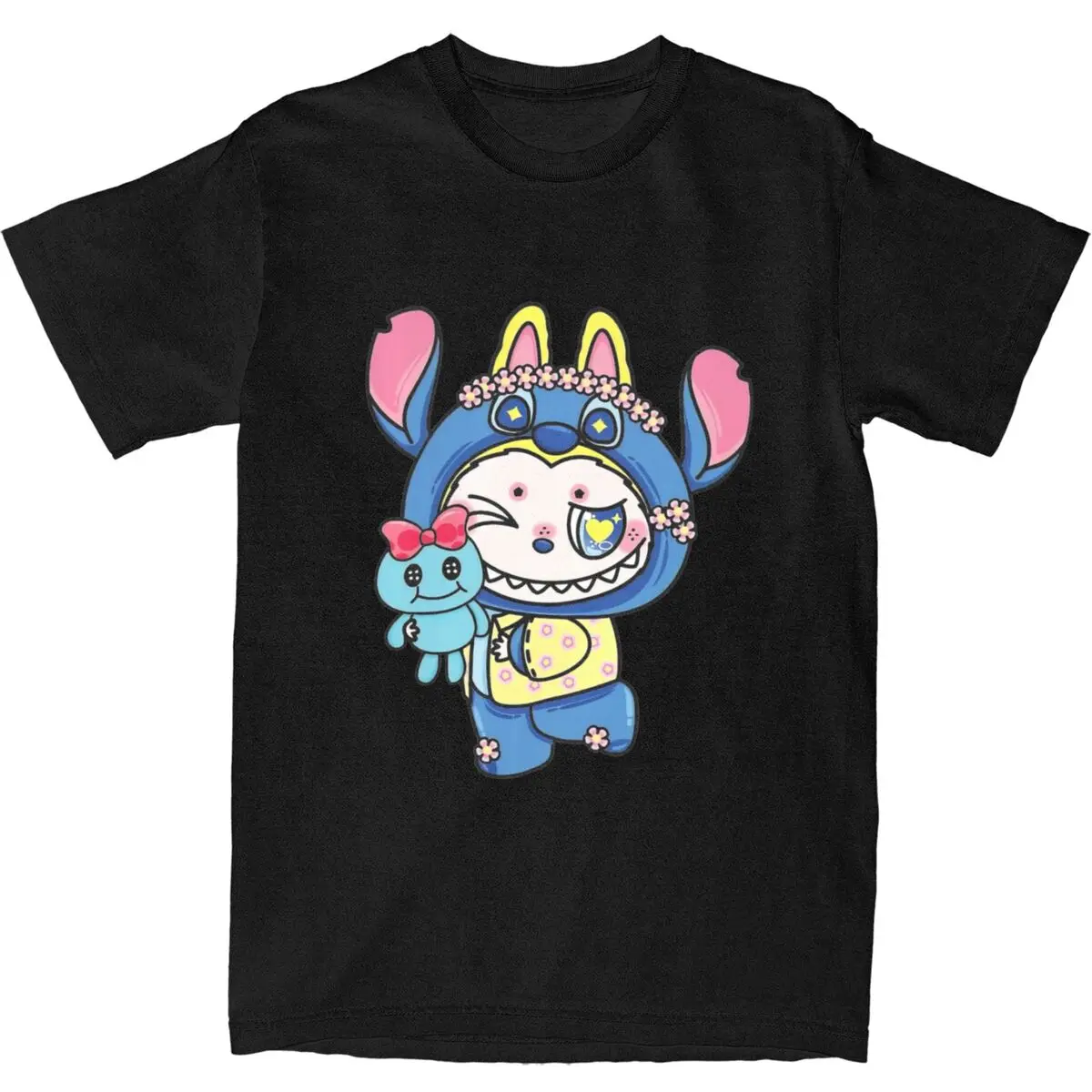 Men's Labubu Cute Blue Cartoon By Popmart T-Shirts Pure Cotton Tops Summer Vintage Short-Sleeve T Shirt Round Neck Print Tshirt