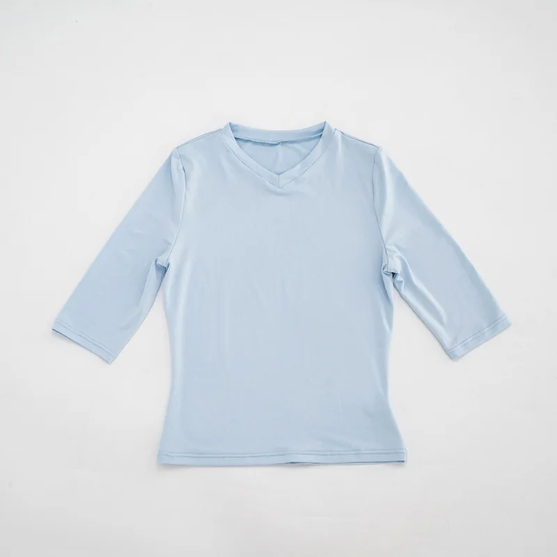 Damen Einfarbiges V-Ausschnitt Midi-Ärmel Crop Top Minimalistisches Slim Fit Basic Enganliegendes T-Shirt Lässiges Arbeits- und Alltags-Streetwear-Outfit 2026 – Detail 2