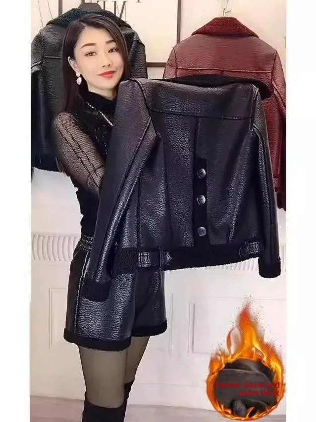 

Faionable ort PU Leather Jaet Women's Bla Biker Coat Slimming Spring Autumn High-End Feel Top Ladies Faion Set